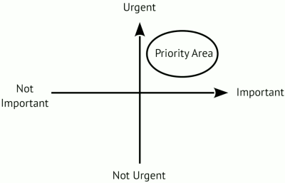 2 axes: important and urgent. Priority area is at end of urgent and important axes.