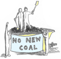 people on a coal train with a banner reading: no new coal.