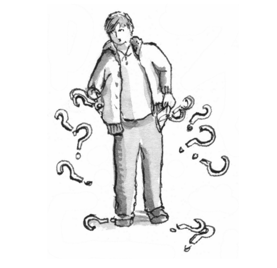 Drawing of a person surrounded by question marks