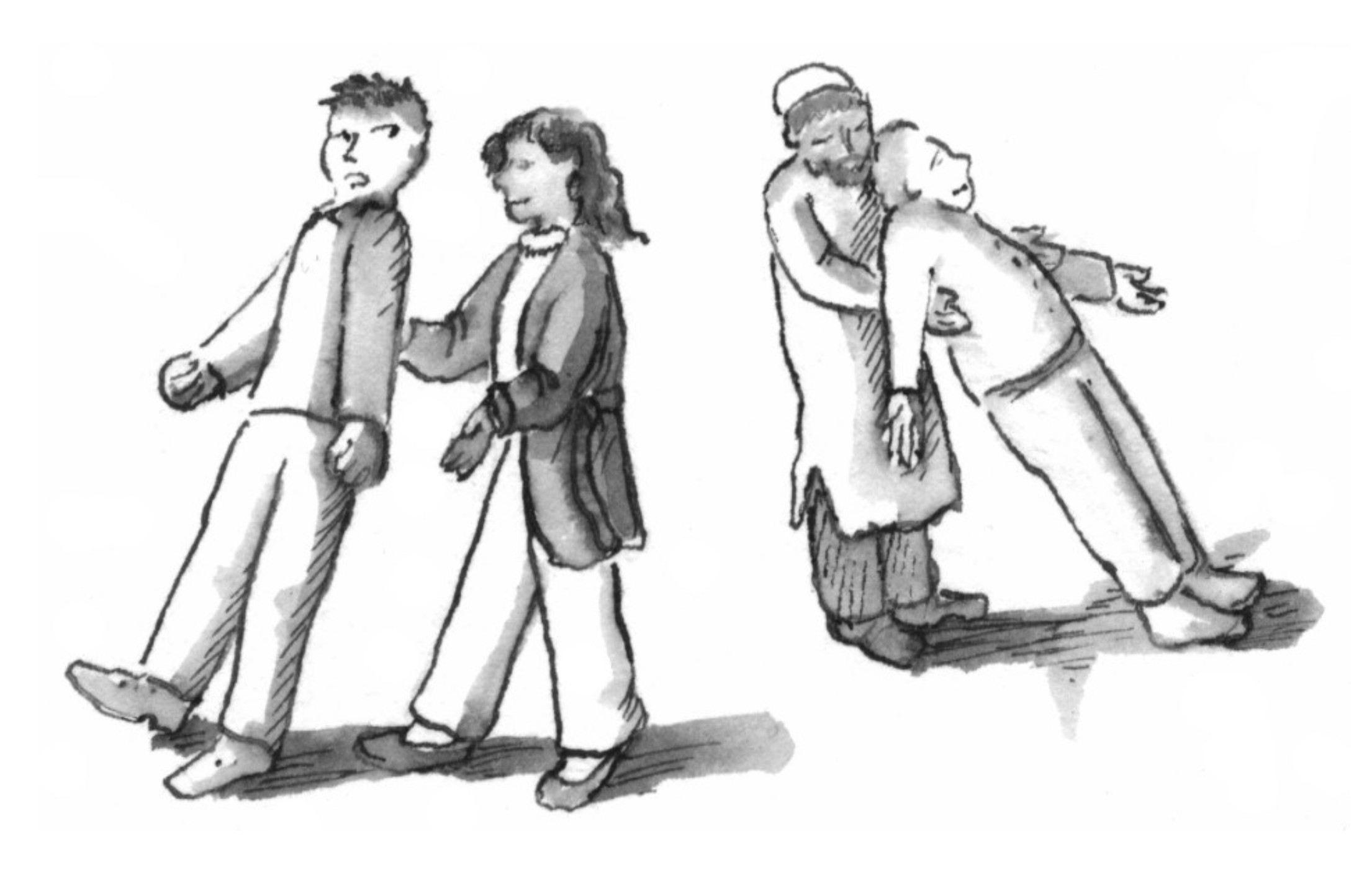 Illustration of two pairs of people practising roleplay conversations